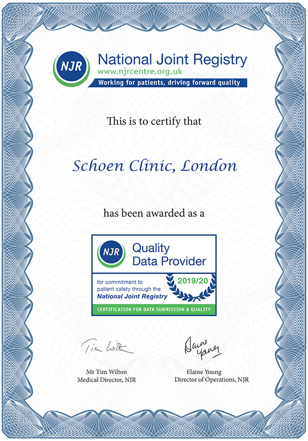 Schoen Clinic London’s NJR Quality Data Provider certificate