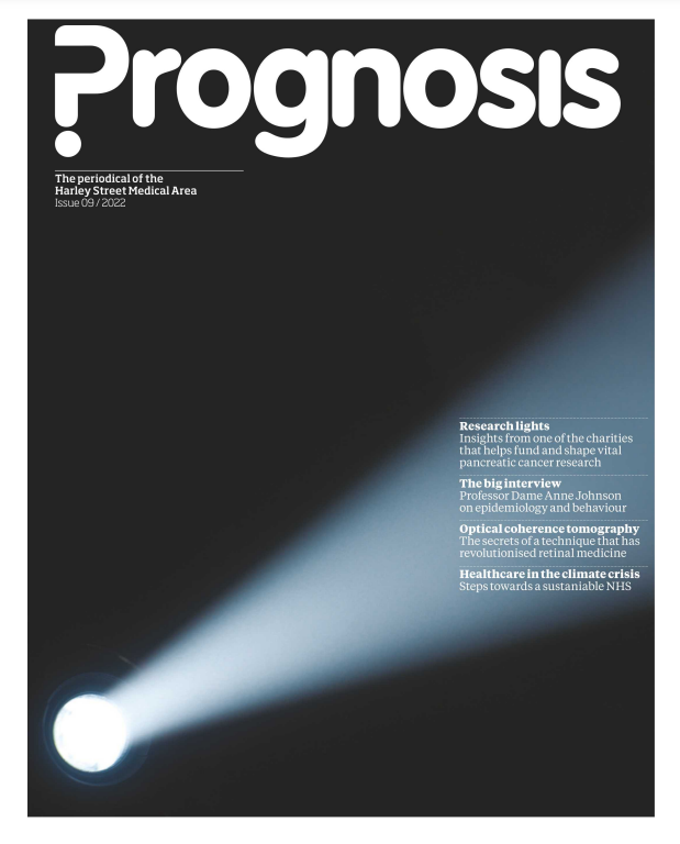 The front cover of Prognosis magazine is black with white writing. The contents of the magazine is listed in the top left corner.