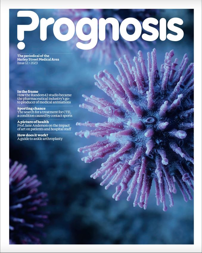 The front cover of Prognosis magazine. A close up of a blue and purple complex molecule. The contents of the magazine is listed in the top left corner.